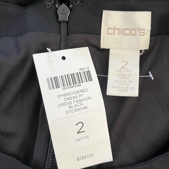 Chicos Womens Embroidered Sheath Dress Size 2P/ US LP Black Ponte Knit Chic NWT - Picture 5 of 7